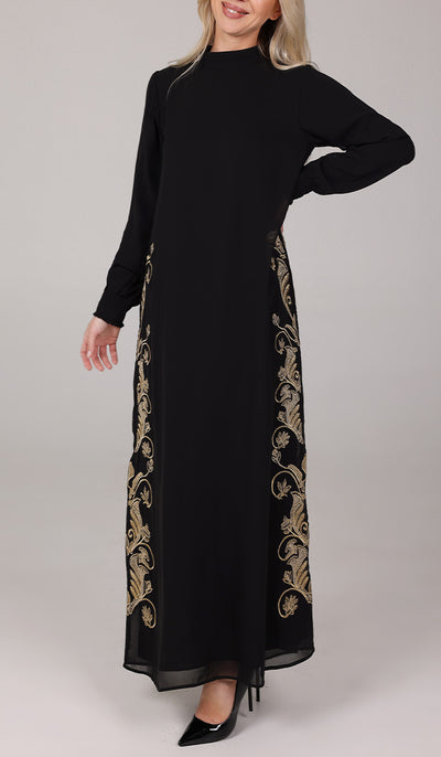 Nyla Modest Long Formal Gold Embellished Maxi Dress - Black