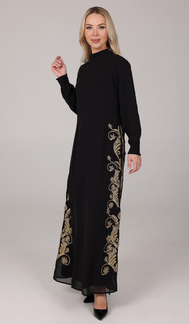 Nyla Modest Long Formal Gold Embellished Maxi Dress - Black