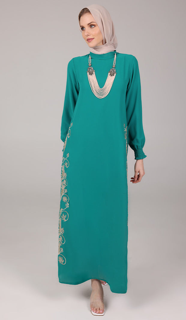 Nyla Modest Long Formal Gold Embellished Maxi Dress - Teal
