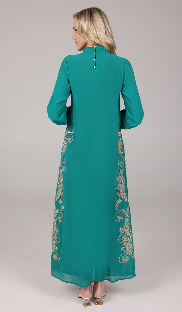 Nyla Modest Long Formal Gold Embellished Maxi Dress - Teal