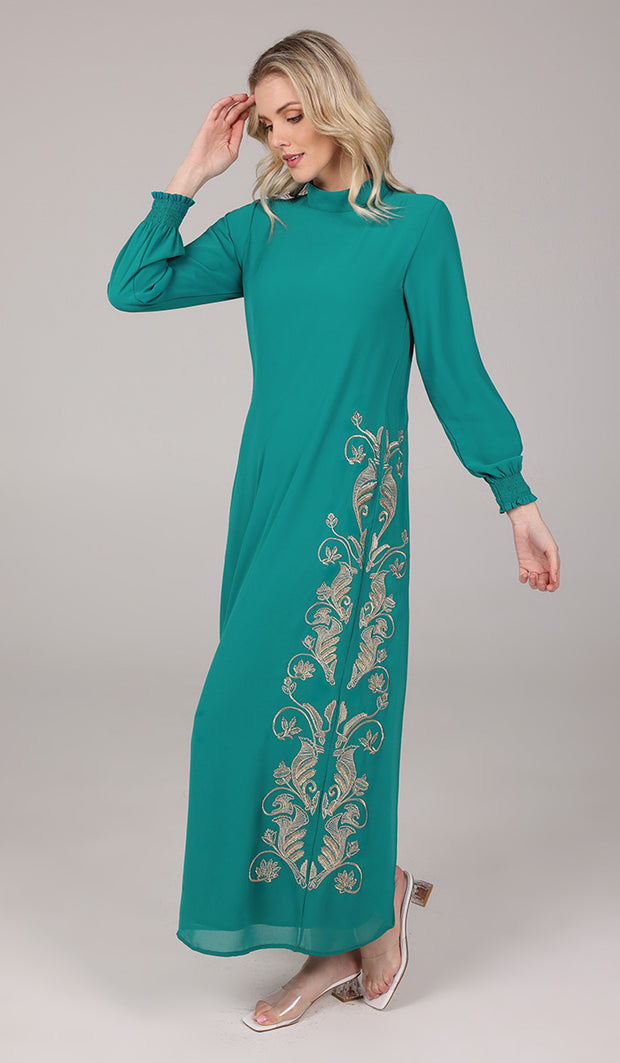 Nyla Modest Long Formal Gold Embellished Maxi Dress - Teal