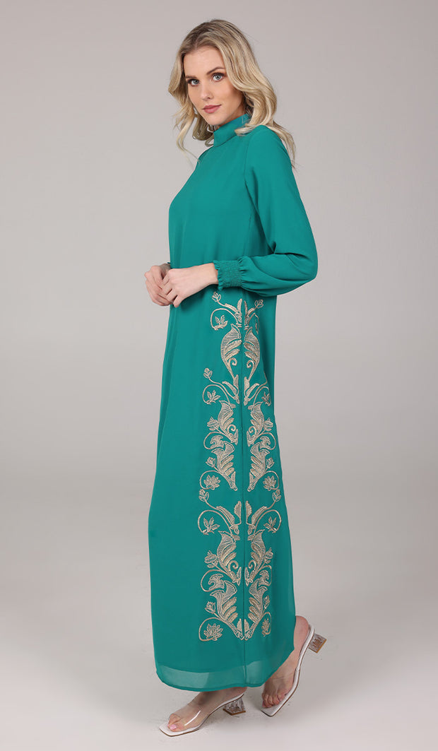 Nyla Modest Long Formal Gold Embellished Maxi Dress - Teal
