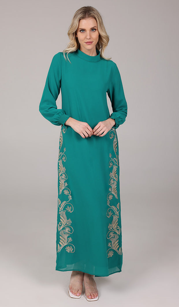 Nyla Modest Long Formal Gold Embellished Maxi Dress - Teal