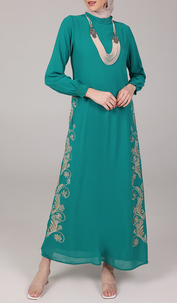 Nyla Modest Long Formal Gold Embellished Maxi Dress - Teal