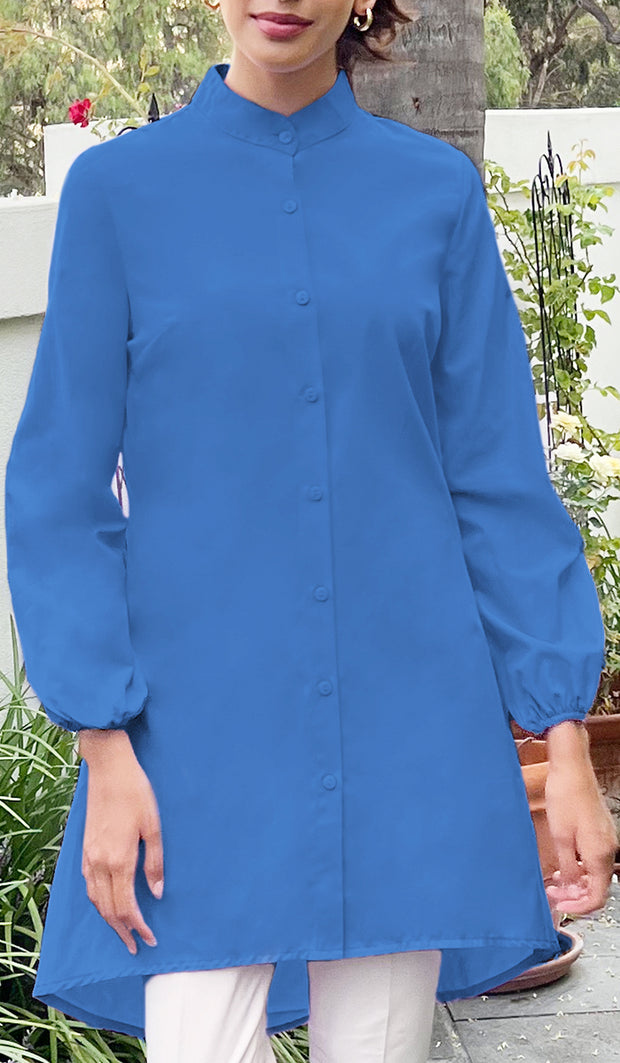 Chemise boutonnée longue de tous les jours en coton léger Panar - Bleu royal - Vente finale