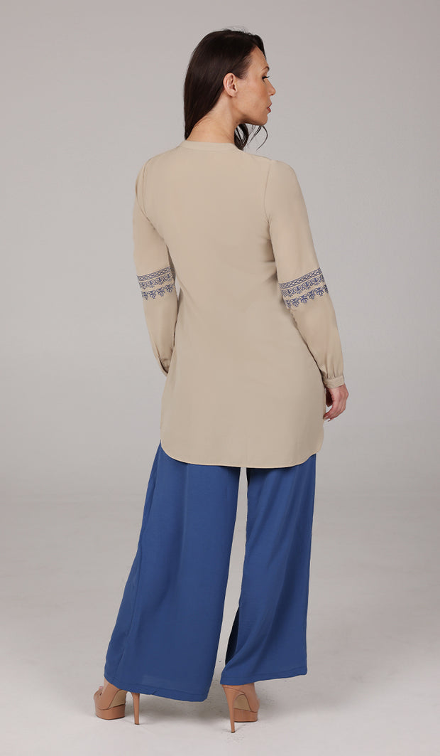Razia Embroidered Long Modest Tunic - Biscuit