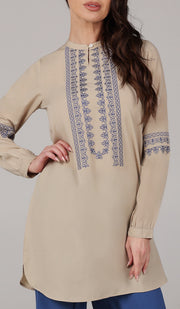 Razia Embroidered Long Modest Tunic - Biscuit