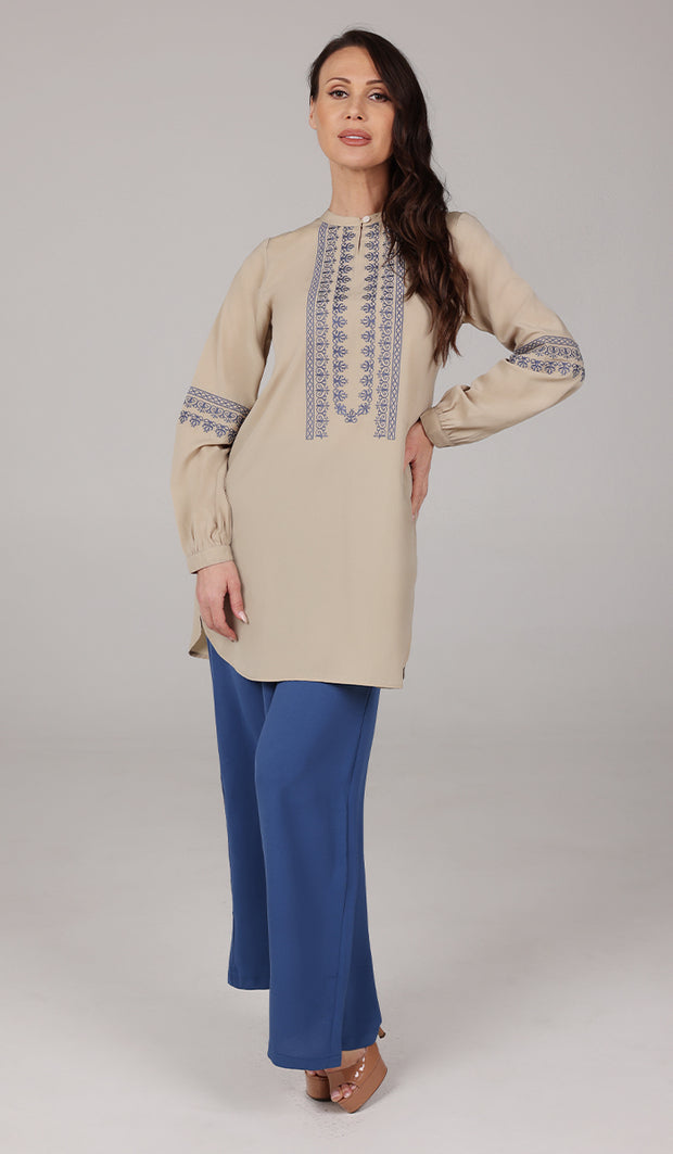 Razia Embroidered Long Modest Tunic - Biscuit