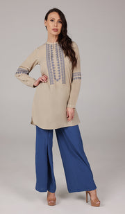 Razia Embroidered Long Modest Tunic - Biscuit