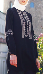 Razia Embroidered Long Modest Tunic - Black