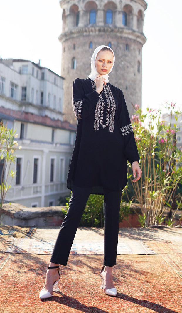 Razia Embroidered Long Modest Tunic - Black