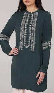 Razia Embroidered Long Modest Tunic - Forest