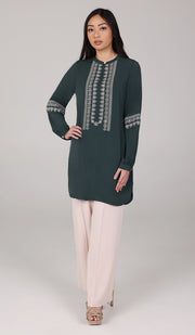 Razia Embroidered Long Modest Tunic - Forest