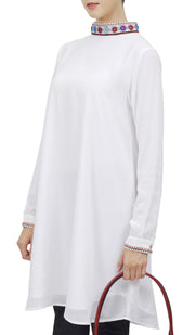 Reba Mirror Embroidered Midi Tunic Dress - White