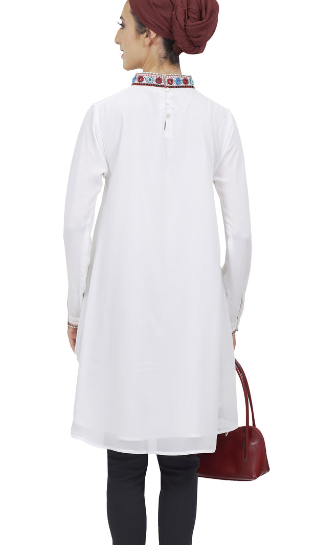 Reba Mirror Embroidered Midi Tunic Dress - White