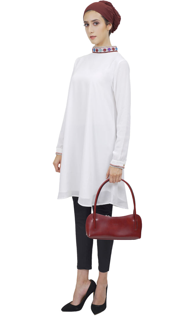 Reba Mirror Embroidered Midi Tunic Dress - White