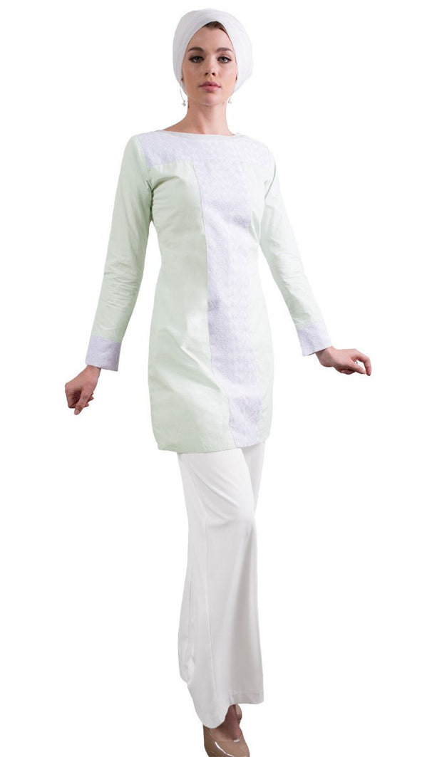 Rita Long Eyelet Accent Fine Cotton Tunic - Ice Green Full body