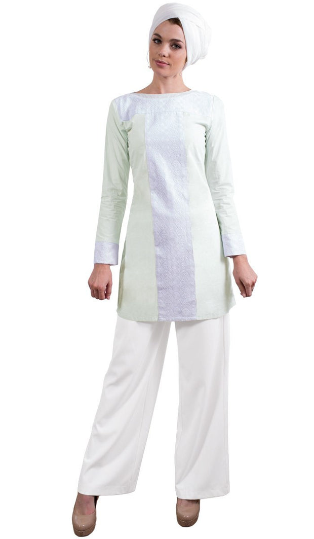 Rita Long Eyelet Accent Fine Cotton Tunic - Ice Green Full body