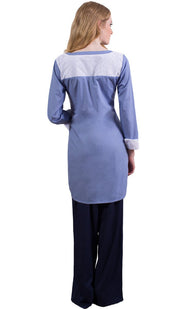 Rita Long Eyelet Accent Fine Cotton Tunic - French Blue - ARTIZARA.COM