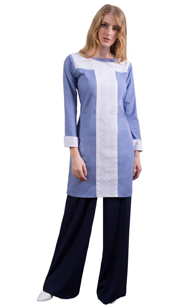 Rita Long Eyelet Accent Fine Cotton Tunic - French Blue - ARTIZARA.COM