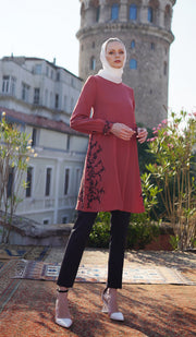 Rula Embroidered Long Modest Tunic - Antique Rose