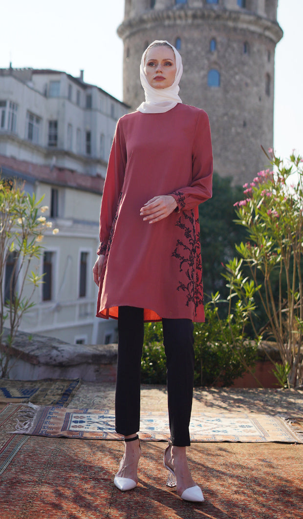 Tunique Longue Modeste Brodée Rula - Rose Antique