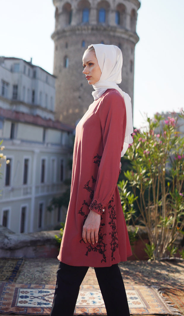 Tunique Longue Modeste Brodée Rula - Rose Antique