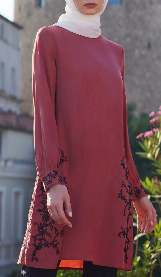 Rula Embroidered Long Modest Tunic - Antique Rose