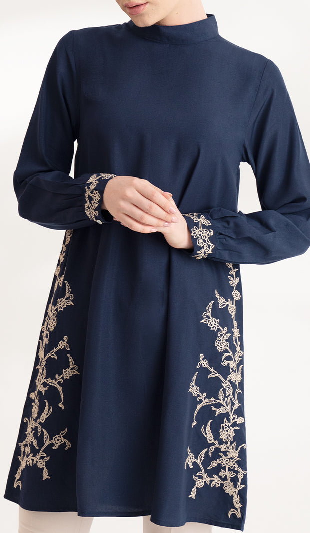 Rula Embroidered Long Modest Tunic - Navy