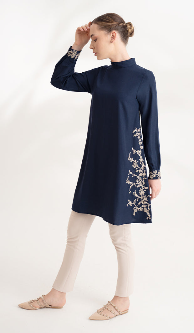 Rula Embroidered Long Modest Tunic - Navy