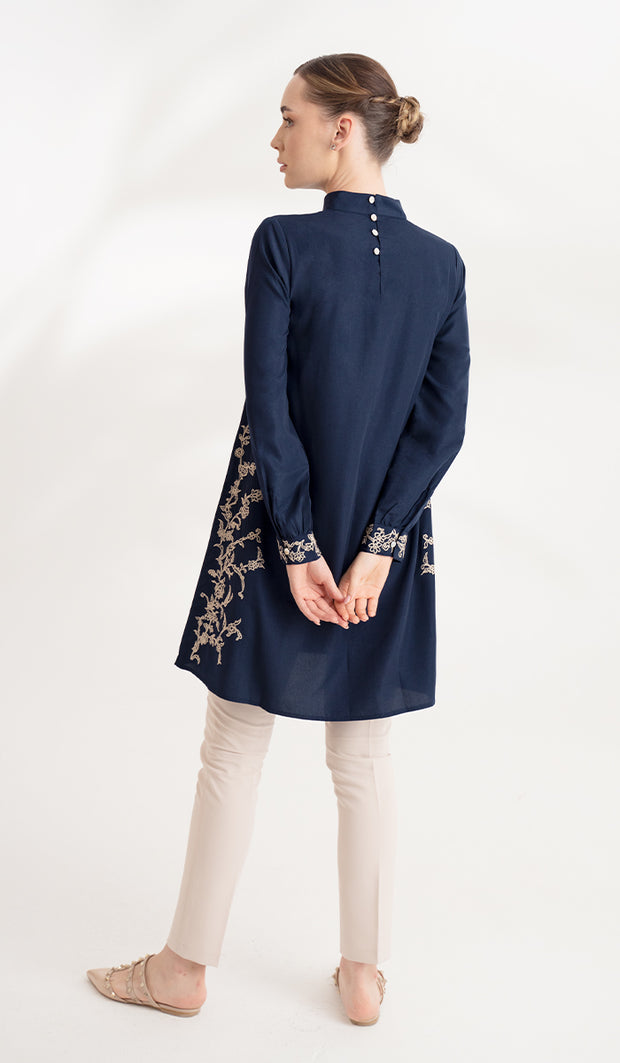 Rula Embroidered Long Modest Tunic - Navy