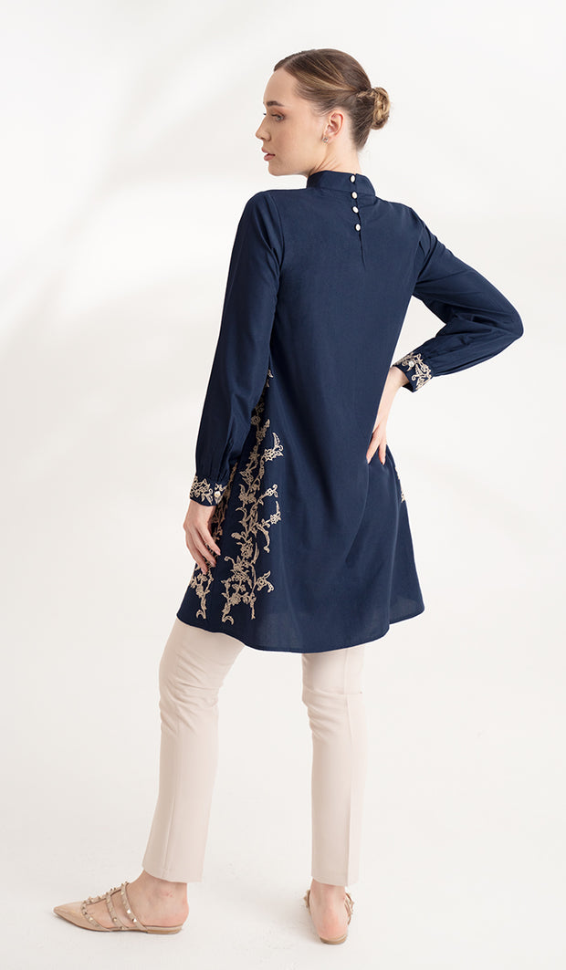 Rula Embroidered Long Modest Tunic - Navy