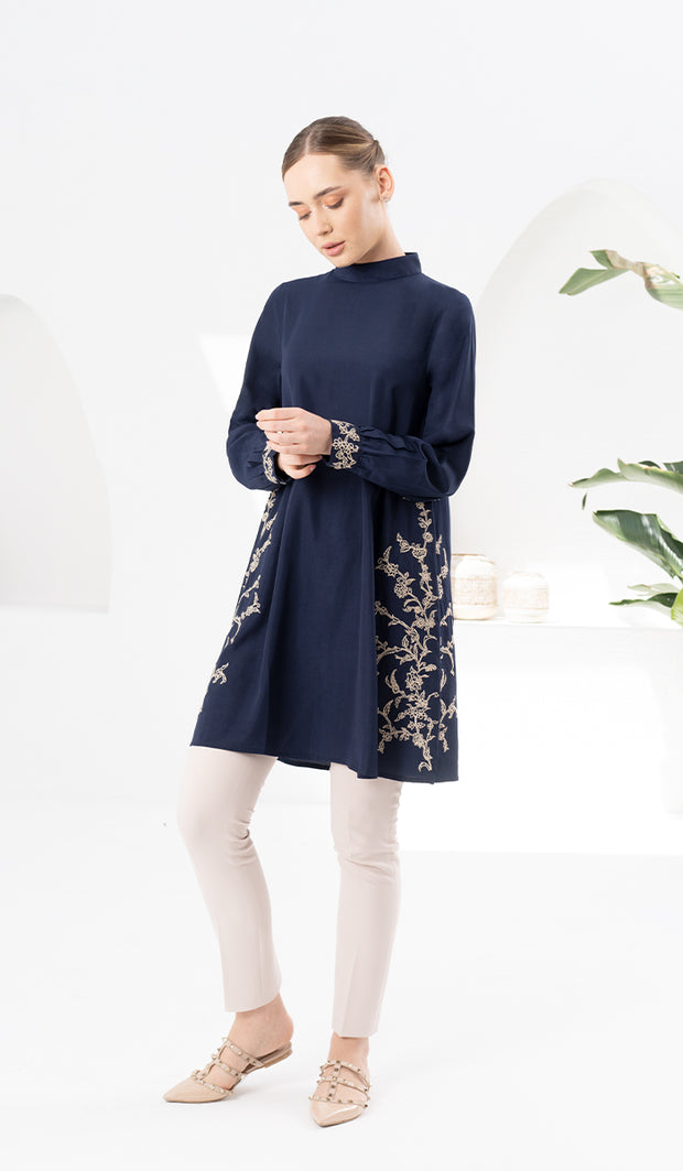 Rula Embroidered Long Modest Tunic - Navy