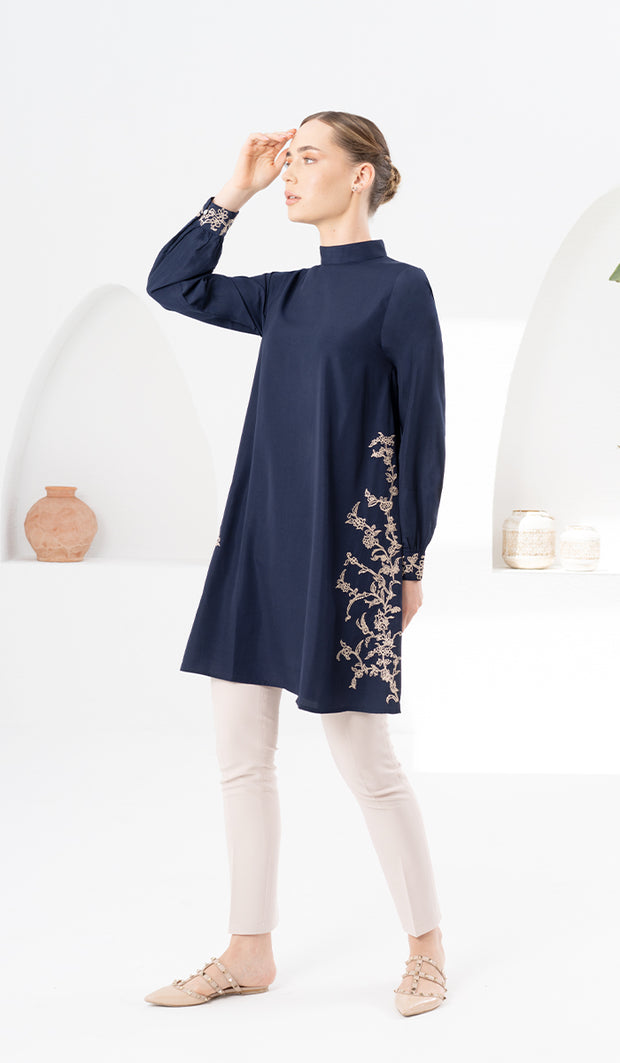 Rula Embroidered Long Modest Tunic - Navy