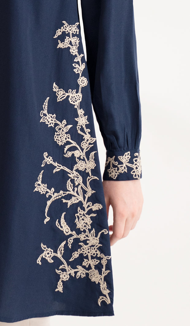 Rula Embroidered Long Modest Tunic - Navy
