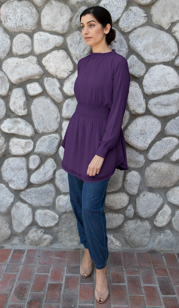 Ruman Smocked Chiffon Modest Tunic - Purple - FINAL SALE