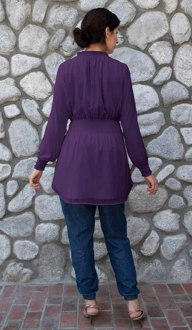 Ruman Smocked Chiffon Modest Tunic - Purple - FINAL SALE