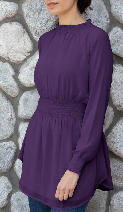 Ruman Smocked Chiffon Modest Tunic - Purple - FINAL SALE