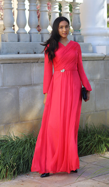 Long Sleeve Modest Muslim Formal Evening Dress Coral Pink Silk