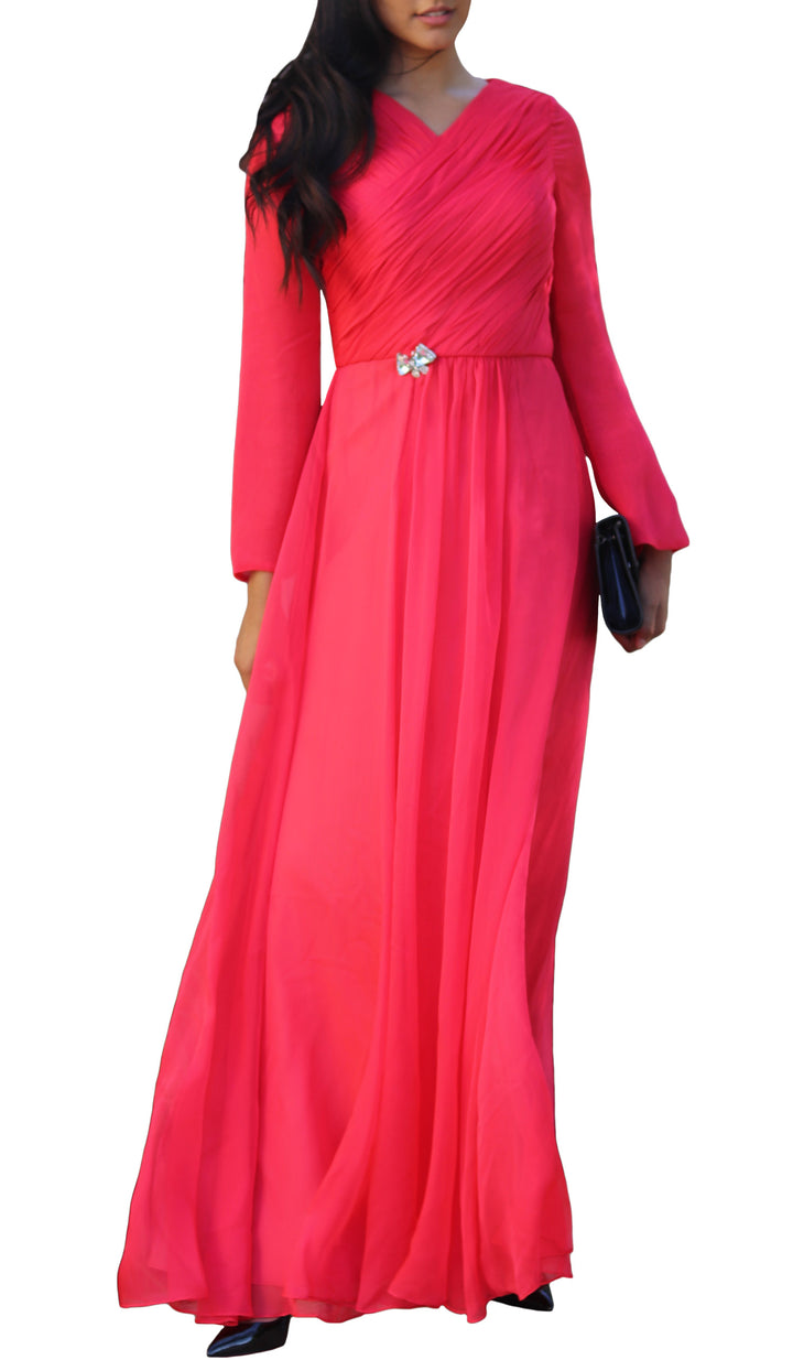 Robe de soirée formelle musulmane modeste en mousseline de soie à manches longues Saba - Rose corail - Vente Finale