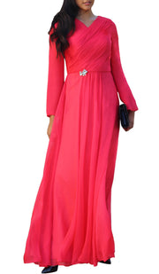 Saba Long Sleeve Silk Chiffon Modest Muslim Formal Evening Dress - Coral Pink - Final Sale