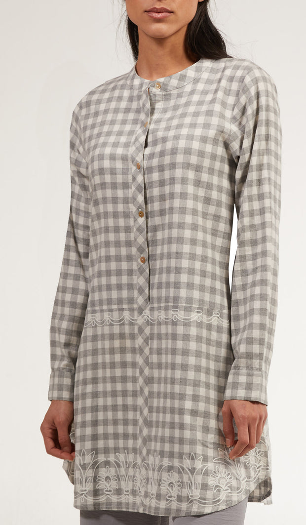 Sabeen Long Cotton Plaid Embroidered Tunic Dress - Gray - FINAL SALE