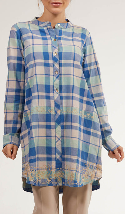 Sabeen Long Cotton Plaid Embroidered Tunic Dress - Blue