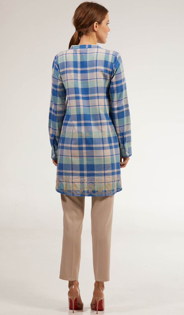 Sabeen Long Cotton Plaid Embroidered Tunic Dress - Blue - FINAL SALE