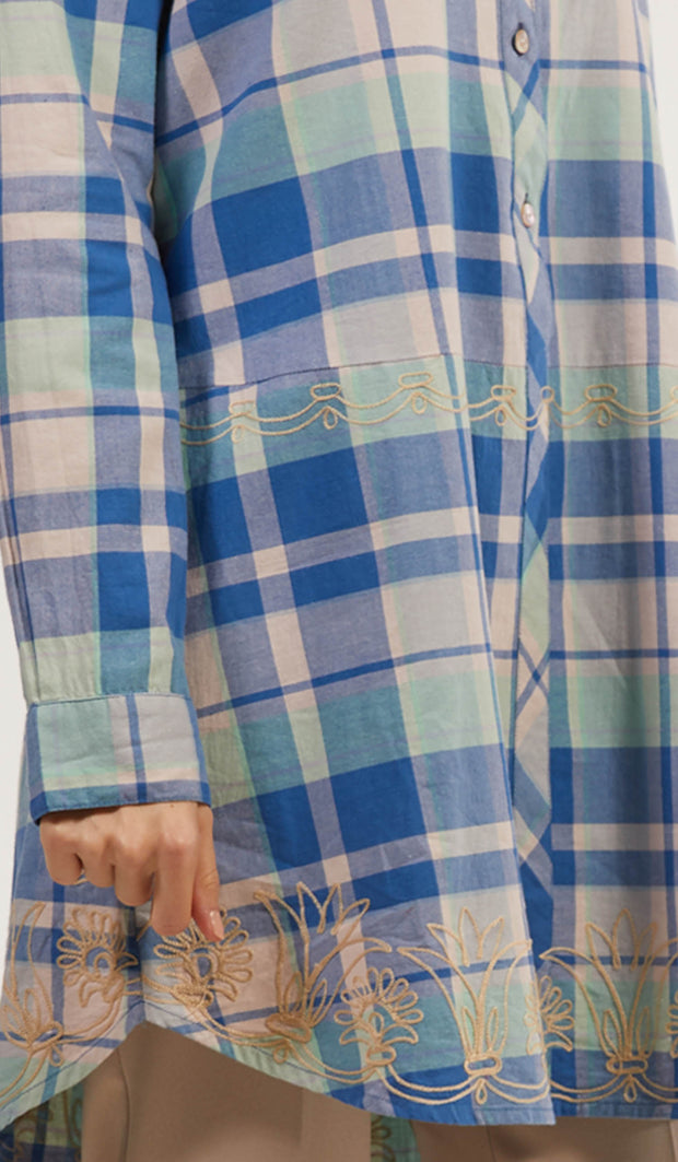 Sabeen Long Cotton Plaid Embroidered Tunic Dress - Blue