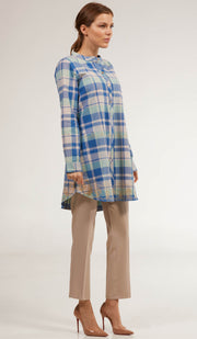 Sabeen Long Cotton Plaid Embroidered Tunic Dress - Blue
