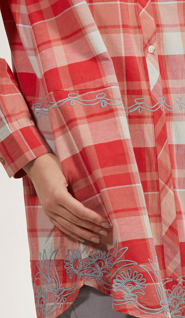 Sabeen Long Cotton Plaid Embroidered Tunic Dress - Clay