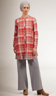 Sabeen Long Cotton Plaid Embroidered Tunic Dress - Clay
