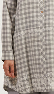 Sabeen Long Cotton Plaid Embroidered Tunic Dress - Gray