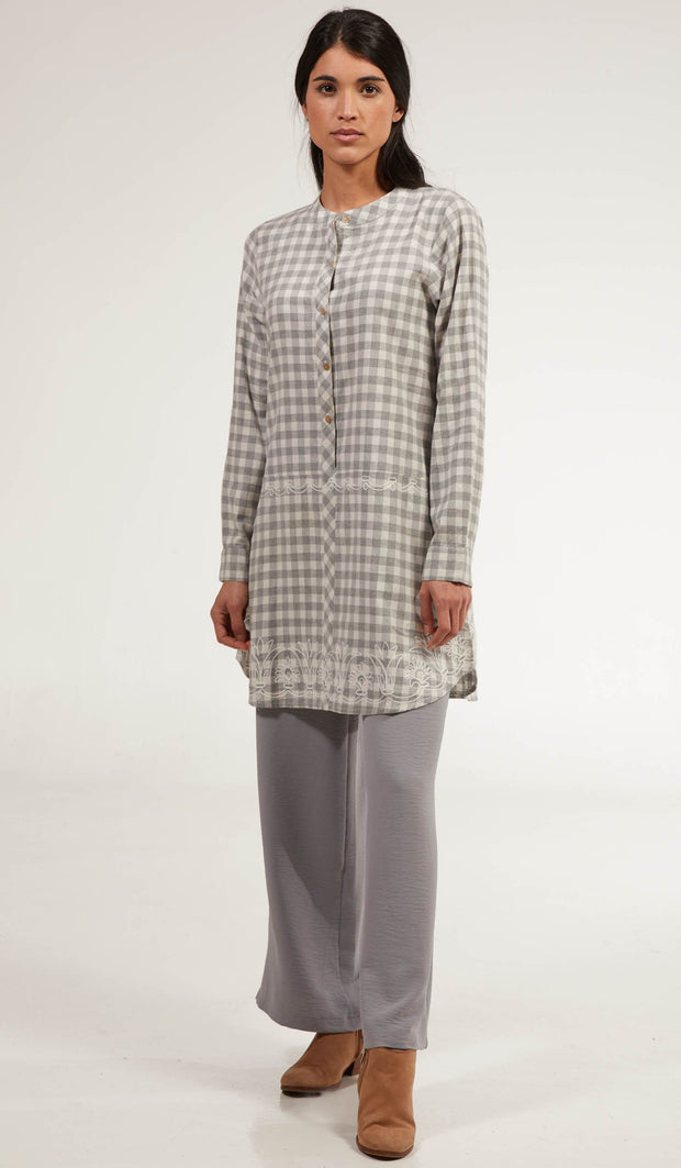 Sabeen Long Cotton Plaid Embroidered Tunic Dress - Gray